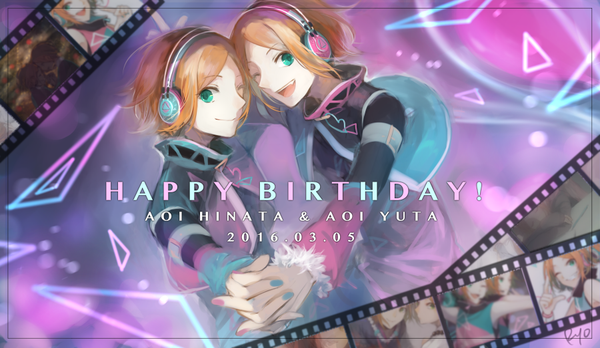 Anime picture 900x523 with ensemble stars! aoi hinata aoi yuuta ryou (kaleidoscope) looking at viewer short hair open mouth smile wide image green eyes signed nail polish one eye closed wink orange hair multiple boys character names holding hands dated siblings