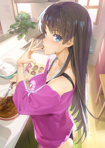Anime picture 2508x3541 with zettai shougeki platonic heart iseshima aya happoubi jin single long hair tall image looking at viewer blush fringe highres breasts blue eyes light erotic black hair standing holding cleavage ass arm up from above