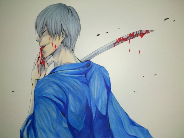Anime picture 3264x2448 with bleach studio pierrot ichimaru gin single highres short hair absurdres eyes closed grey hair from behind piercing licking blood on face bloody weapon weapon over shoulder boy weapon sword tongue katana