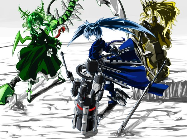 Anime picture 1988x1488 with black rock shooter black rock shooter (character) dead master chariot (black rock shooter) tagme (artist) long hair highres short hair blue eyes blonde hair twintails multiple girls green eyes yellow eyes blue hair green hair wavy hair girl dress weapon