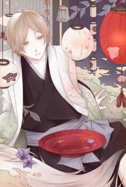 Anime picture 1181x1748 with natsume yuujinchou brains base (studio) natsume takashi sekiyu single tall image blush short hair open mouth brown hair sitting yellow eyes traditional clothes japanese clothes boy flower (flowers) petals leaf (leaves) alcohol lantern