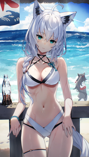 Anime picture 1429x2500 with virtual youtuber hololive shirakami fubuki ookami mio scottie (phantom2) long hair tall image looking at viewer blush fringe breasts blue eyes light erotic black hair hair between eyes large breasts standing multiple girls animal ears sky