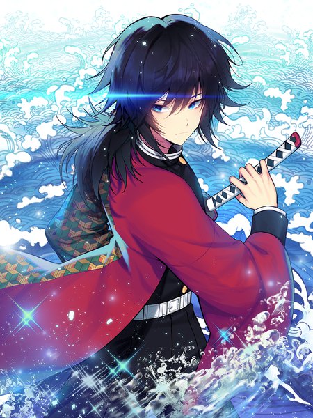 Anime picture 1000x1333 with kimetsu no yaiba ufotable tomioka giyuu kyundoo single long hair tall image fringe blue eyes black hair hair between eyes standing holding payot looking away traditional clothes japanese clothes wide sleeves sparkle low ponytail