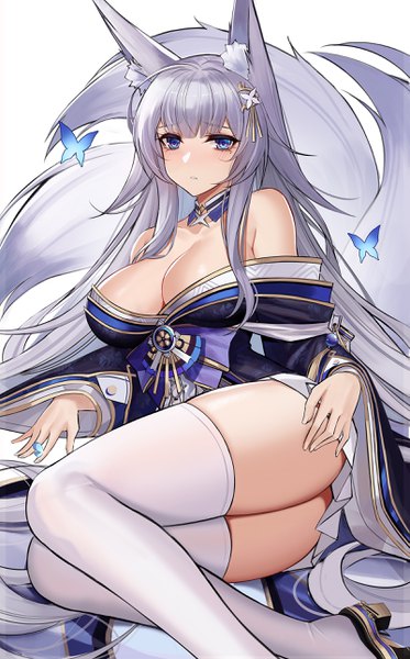 Anime picture 1602x2572 with azur lane shinano (azur lane) eternity (shadeh) single long hair tall image looking at viewer blush fringe breasts blue eyes light erotic simple background large breasts white background bare shoulders animal ears payot cleavage silver hair