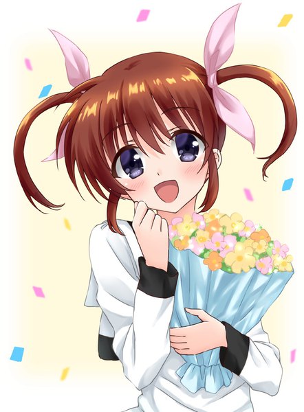 Anime picture 714x969 with mahou shoujo lyrical nanoha takamachi nanoha hoshino kagari single tall image looking at viewer blush short hair open mouth brown hair twintails purple eyes payot upper body head tilt :d short twintails girl flower (flowers) bow