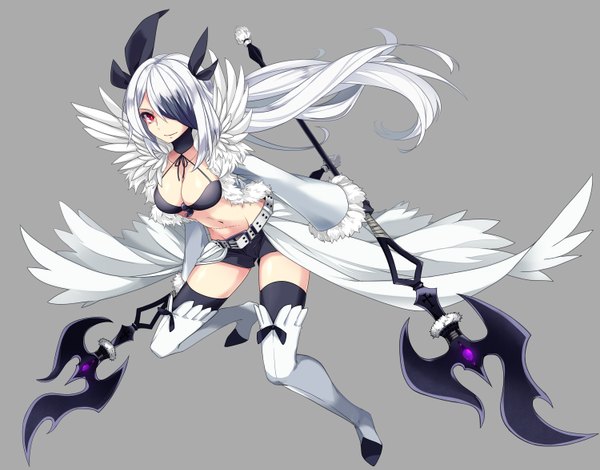 Anime picture 1500x1177 with pokemon nintendo absol mega absol merlusa single long hair looking at viewer fringe breasts light erotic simple background smile red eyes holding silver hair multicolored hair hair over one eye grey background wide sleeves