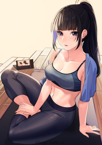 Anime picture 1736x2456 with original kagematsuri single long hair tall image looking at viewer blush fringe highres breasts open mouth black hair simple background sitting purple eyes signed payot cleavage full body ponytail