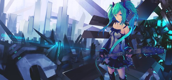 Anime picture 1285x600 with vocaloid hatsune miku novelance single long hair looking at viewer fringe smile wide image standing twintails long sleeves pleated skirt aqua eyes aqua hair mechanical girl skirt bow detached sleeves