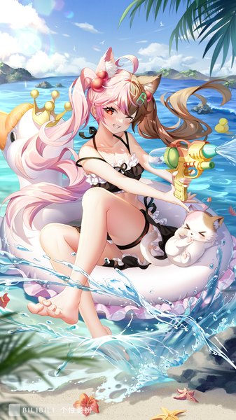 Anime picture 1000x1778 with original yue xiao e single long hair tall image looking at viewer blush fringe light erotic smile brown hair sitting twintails holding animal ears payot pink hair sky cloud (clouds) full body