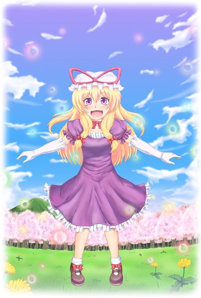 Anime picture 1500x2228 with touhou yakumo yukari tall image blush highres blonde hair purple eyes sky cherry blossoms girl gloves flower (flowers) bow hat elbow gloves
