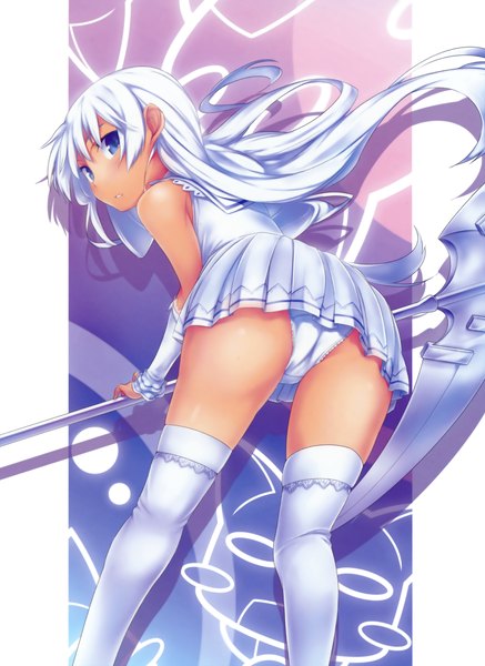 Anime picture 2300x3155 with shinigami no ballad momo (shinigami no ballad) nanakusa single long hair tall image highres blue eyes light erotic white hair pantyshot girl thighhighs underwear panties detached sleeves miniskirt white thighhighs scythe