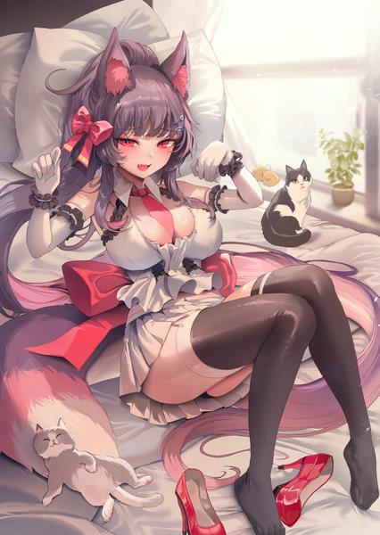 Anime picture 2800x3940 with original zerocat single long hair tall image looking at viewer blush fringe highres breasts open mouth light erotic black hair red eyes large breasts bare shoulders animal ears bent knee (knees) tail lying