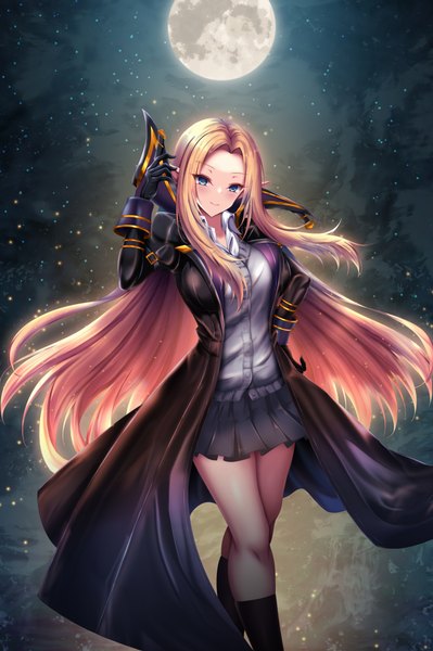 Anime picture 2540x3820 with kage no jitsuryokusha ni naritakute! alpha (kage no jitsuryokusha ni naritakute!) akina t single long hair tall image looking at viewer blush highres blue eyes blonde hair smile standing outdoors pleated skirt arm up pointy ears night night sky floating hair