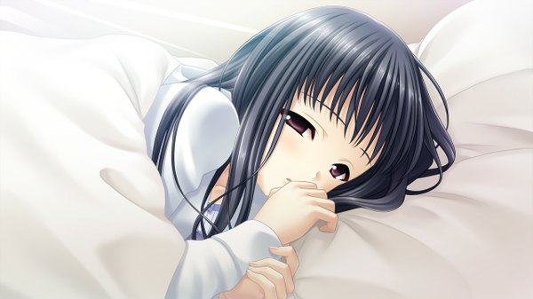 Anime picture 1280x720 with morobito kozorite (game) single long hair black hair wide image brown eyes game cg girl