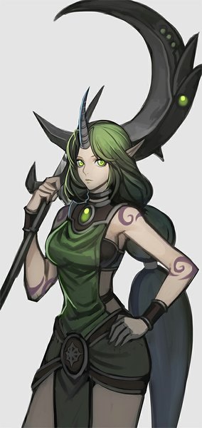 Anime picture 500x1055 with league of legends soraka (league of legends) dryad soraka tyutii single long hair tall image looking at viewer simple background green eyes braid (braids) very long hair horn (horns) green hair grey background open clothes tattoo alternate costume hand on hip expressionless