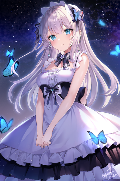 Anime picture 2500x3762 with original ymkrnchan single long hair tall image looking at viewer blush fringe highres blue eyes standing signed silver hair outdoors blunt bangs head tilt light smile night sparkle night sky