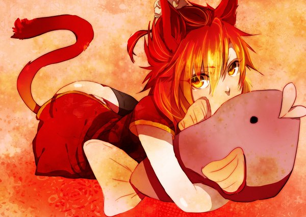 Anime picture 1000x709 with magi the labyrinth of magic a-1 pictures ren kouen amane0623 single looking at viewer short hair light erotic animal ears yellow eyes red hair tail lying animal tail cat ears cat tail genderswap girl thighhighs black thighhighs