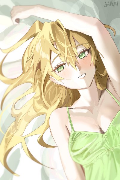 Anime picture 1005x1504 with idolmaster idolmaster (classic) idolmaster million live! hoshii miki haruri single long hair tall image blush fringe breasts blonde hair smile hair between eyes bare shoulders green eyes signed looking away cleavage upper body