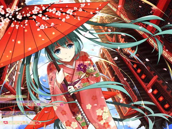 Anime picture 2362x1772 with vocaloid hatsune miku gkn levi single looking at viewer highres smile twintails sky very long hair traditional clothes japanese clothes aqua eyes aqua hair girl petals kimono building (buildings) umbrella oriental umbrella