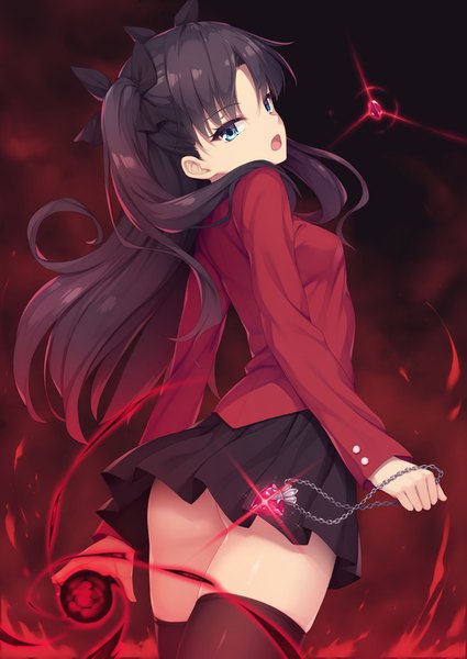 Anime picture 1032x1457 with fate (series) toosaka rin tomifumi single long hair tall image looking at viewer blush fringe breasts open mouth blue eyes light erotic black hair standing holding ass long sleeves pleated skirt looking back