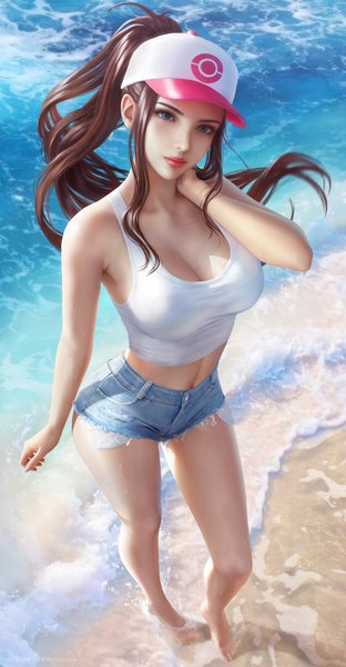 Anime picture 3900x7500 with pokemon pokemon black and white nintendo hilda (pokemon) wickellia single long hair tall image looking at viewer highres breasts blue eyes light erotic brown hair large breasts standing bare shoulders payot absurdres cleavage