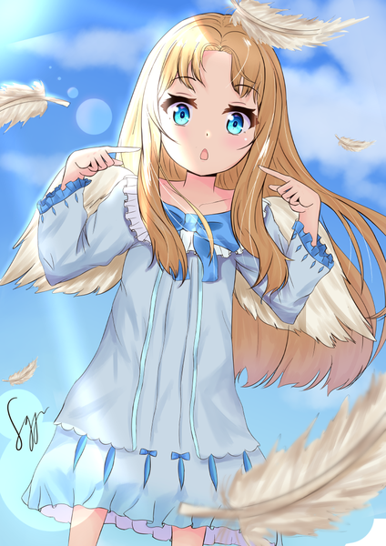 Anime picture 868x1228 with tate no yuusha no nariagari kinema citrus firo (tate no yuusha no nariagari) syyn (syyndev) single long hair tall image looking at viewer blush fringe open mouth blue eyes blonde hair standing signed sky cloud (clouds) wind :o depth of field