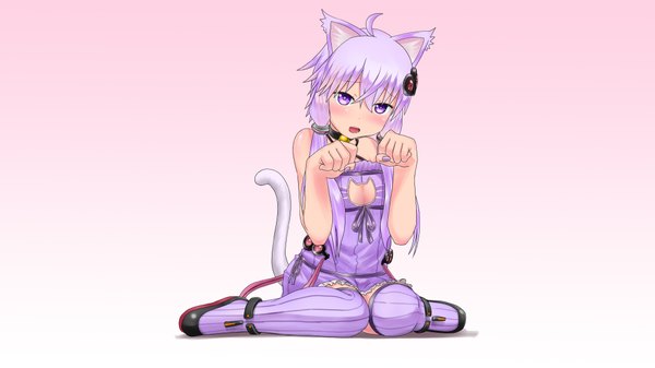 Anime picture 4156x2338 with vocaloid yuzuki yukari kazu-chan single long hair looking at viewer blush fringe highres open mouth light erotic hair between eyes wide image sitting twintails purple eyes bare shoulders animal ears absurdres purple hair