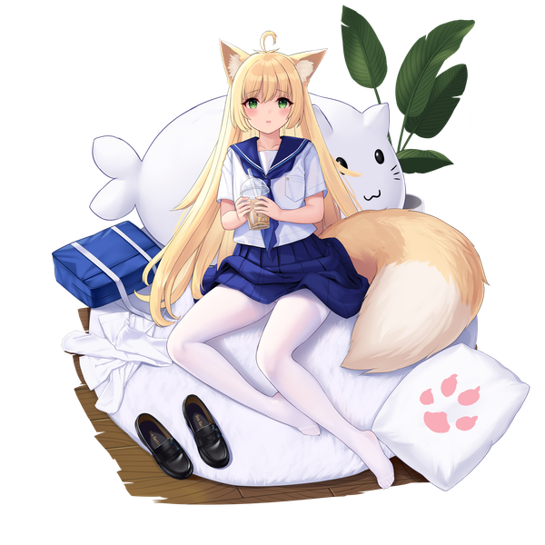 Anime picture 6000x6000 with original allenes single long hair looking at viewer blush fringe highres open mouth light erotic blonde hair hair between eyes sitting holding green eyes animal ears payot absurdres full body ahoge