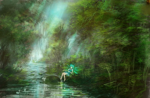 Anime picture 1920x1255 with touhou cirno lm7 (op-center) single highres short hair sitting green eyes lying barefoot scenic waterfall stream girl dress wings tree (trees) water forest