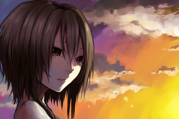 Anime picture 1000x666 with original hijiri-ssh single short hair black hair brown eyes cloud (clouds) tears evening sunset girl