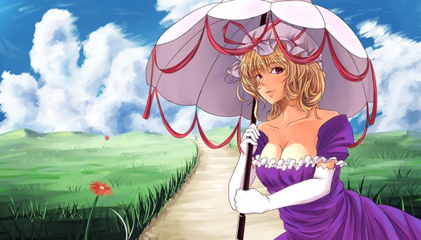 Anime picture 3500x2000 with touhou yakumo yukari qq3099wind single long hair highres blonde hair wide image sky cloud (clouds) pink eyes girl dress gloves flower (flowers) plant (plants) elbow gloves umbrella grass