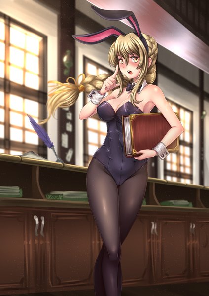 Anime picture 1240x1754 with goblin slayer! guild girl (goblin slayer!) adsouto single long hair tall image blush fringe breasts open mouth light erotic blonde hair smile hair between eyes large breasts standing bare shoulders holding signed animal ears