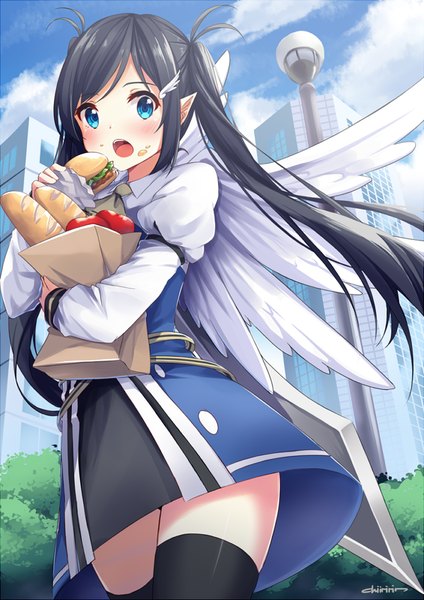 Anime picture 707x1000 with original chiiririn single long hair tall image blush open mouth blue eyes black hair twintails pointy ears girl thighhighs dress black thighhighs wings food