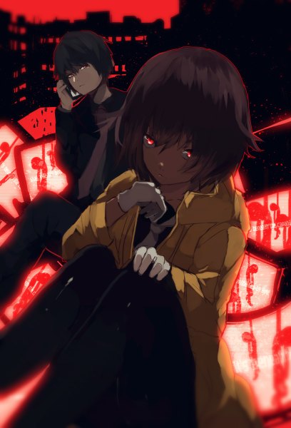 Anime picture 816x1200 with original tarbo (exxxpiation) tall image looking at viewer fringe short hair black hair red eyes brown hair sky bent knee (knees) open clothes open jacket city cityscape red sky girl boy necktie jacket
