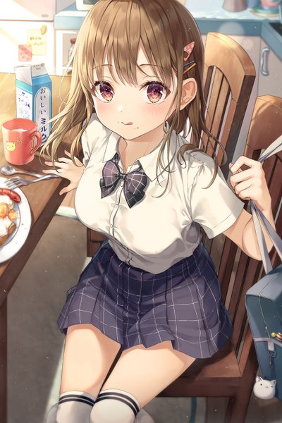 Anime picture 1800x2700 with original r o ha single long hair tall image looking at viewer blush fringe highres red eyes brown hair sitting holding indoors pleated skirt short sleeves lens flare plaid skirt :q food on face