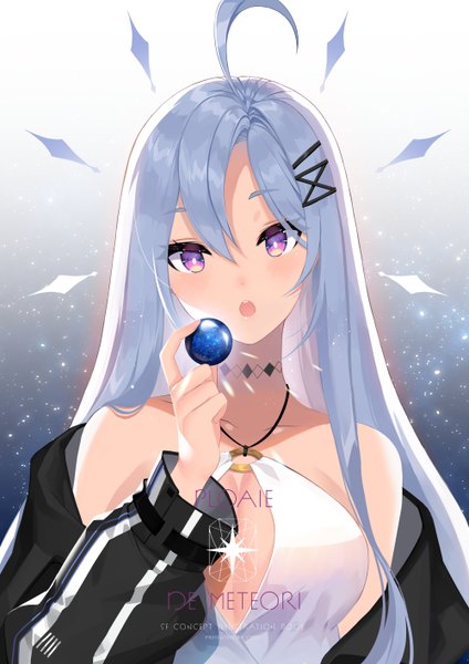 Anime picture 1000x1414 with original roh nam kyung single long hair tall image looking at viewer blush fringe breasts open mouth light erotic simple background hair between eyes standing purple eyes bare shoulders holding silver hair upper body ahoge