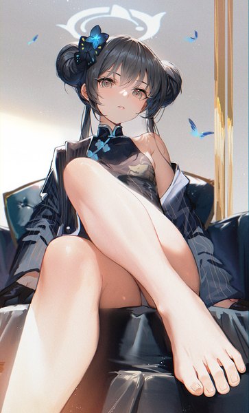Anime picture 2090x3456 with blue archive kisaki (blue archive) shanguier single long hair tall image looking at viewer fringe highres light erotic hair between eyes sitting bent knee (knees) traditional clothes barefoot hair flower off shoulder arm support grey eyes hair bun (hair buns)