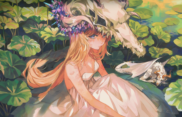 Anime picture 3000x1941 with original kane (kanekiru) single long hair looking at viewer highres blue eyes blonde hair sitting signed cleavage horn (horns) from above fantasy dragon girl girl dress plant (plants) water white dress