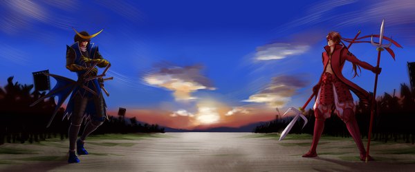 Anime picture 1800x750 with sengoku basara production i.g date masamune (sengoku basara) sanada yukimura highres short hair black hair brown hair wide image cloud (clouds) traditional clothes multiple boys evening sunset army boy gloves ribbon (ribbons) weapon jacket