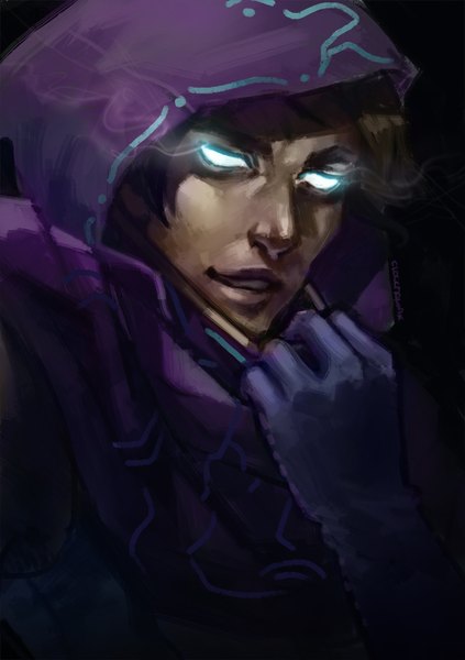 Anime picture 577x818 with league of legends malzahar (league of legends) clockmaniak single tall image looking at viewer fringe short hair blue eyes smile brown hair signed parted lips dark skin glowing portrait glowing eye (eyes) smirk boy gloves