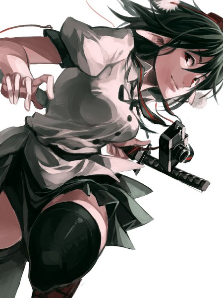 Anime picture 768x1024 with touhou shameimaru aya ruukii drift single tall image short hair black hair simple background smile red eyes white background looking away pointy ears girl thighhighs weapon black thighhighs sword katana pom pom (clothes)
