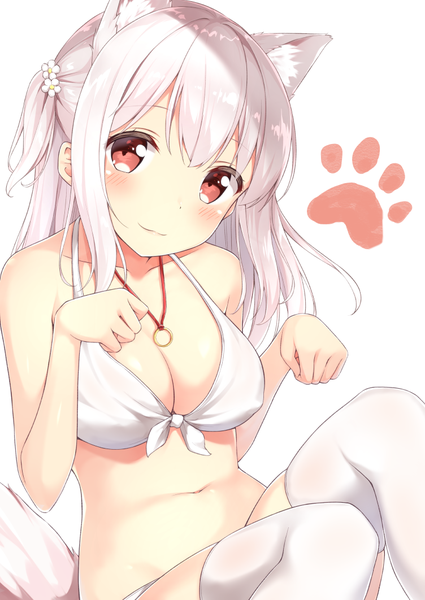 Anime picture 752x1062 with original tisshu (karutamo) karutamo single long hair tall image looking at viewer blush fringe breasts light erotic simple background smile hair between eyes red eyes large breasts white background sitting bare shoulders animal ears