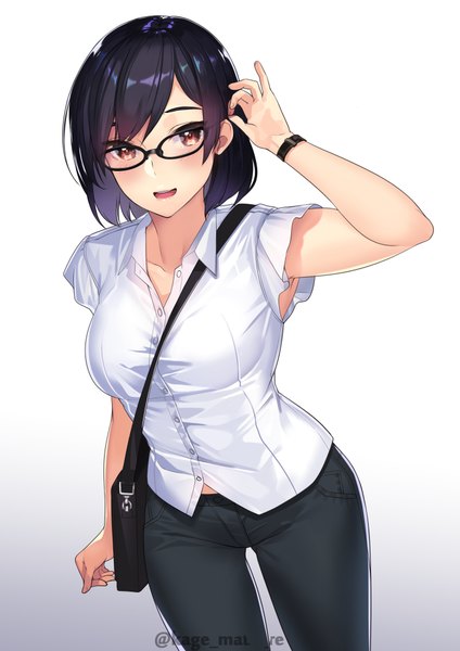 Anime picture 1447x2046 with original kagematsuri single tall image looking at viewer blush fringe short hair breasts open mouth black hair simple background smile standing brown eyes signed :d arm up short sleeves twitter username
