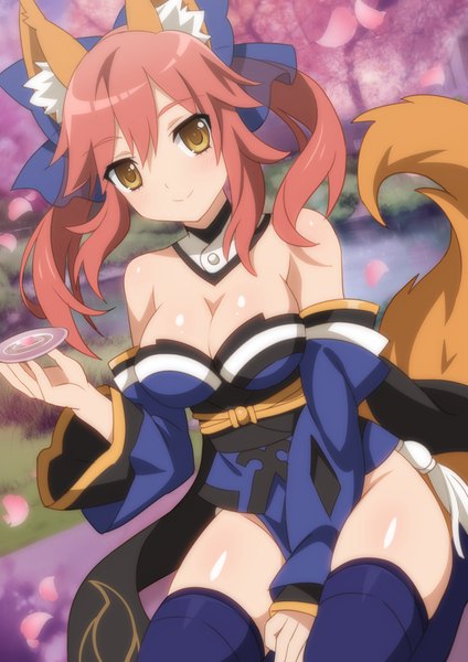 Anime picture 2894x4093 with fate (series) fate/grand order fate/extra fate/extra ccc tamamo (fate) (all) tamamo no mae (fate) wanaca single long hair tall image looking at viewer fringe highres breasts light erotic smile hair between eyes large breasts sitting twintails