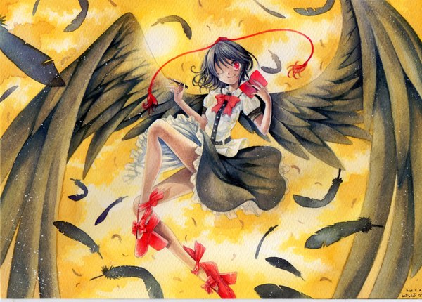 Anime picture 1500x1077 with touhou shameimaru aya mosho single looking at viewer short hair black hair smile red eyes signed one eye closed wink black wings yellow background traditional media watercolor (medium) girl wings book (books) feather (feathers)