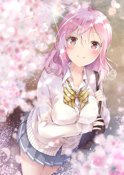Anime picture 1013x1432 with original yoshida iyo single long hair tall image looking at viewer blush fringe breasts smile hair between eyes standing holding pink hair outdoors pleated skirt pink eyes sparkle cherry blossoms girl