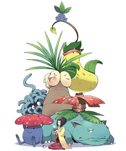 Anime picture 995x1190 with pokemon nintendo venusaur erika (pokemon) vileplume oddish victreebel exeggutor tangela tm (hanamakisan) tall image fringe short hair black hair simple background smile white background sitting eyes closed traditional clothes