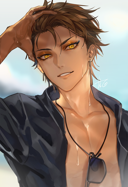 Anime picture 1000x1459 with fate (series) fate/grand order fate/prototype ozymandias (fate) takashi (huzakenna) single tall image looking at viewer short hair smile brown hair signed yellow eyes upper body sweat grin adjusting hair eyeshadow sunglasses removed boy