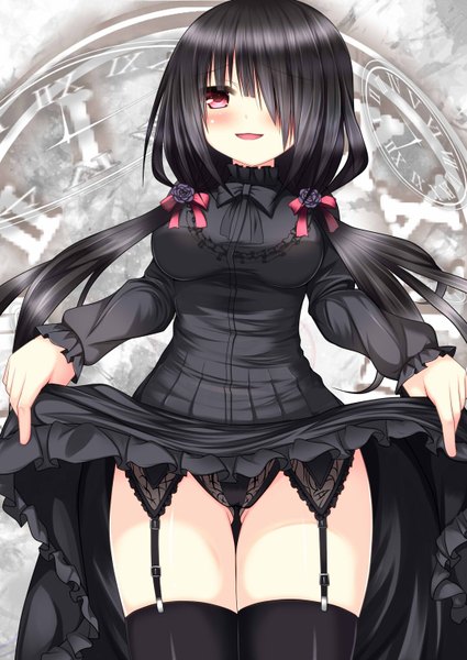 Anime picture 1074x1517 with date a live tokisaki kurumi nyarumi long hair tall image blush fringe light erotic black hair smile red eyes hair over one eye dress lift girl thighhighs dress underwear panties black thighhighs