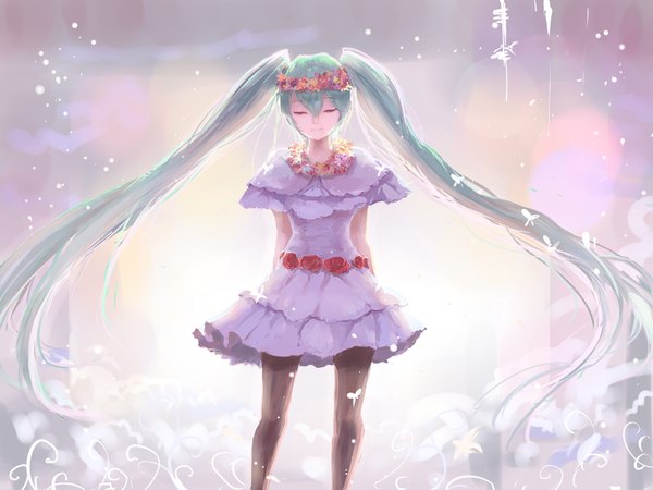 Anime picture 4000x3000 with vocaloid hatsune miku sishenfan single highres twintails absurdres eyes closed very long hair hair flower aqua hair girl dress hair ornament flower (flowers) pantyhose rose (roses) wreath